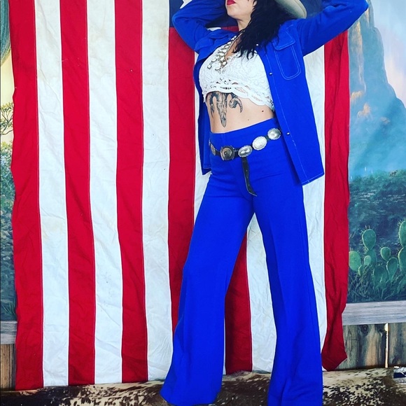 Vintage 70s Royal Blue button down and Bellbottoms - Picture 5 of 9